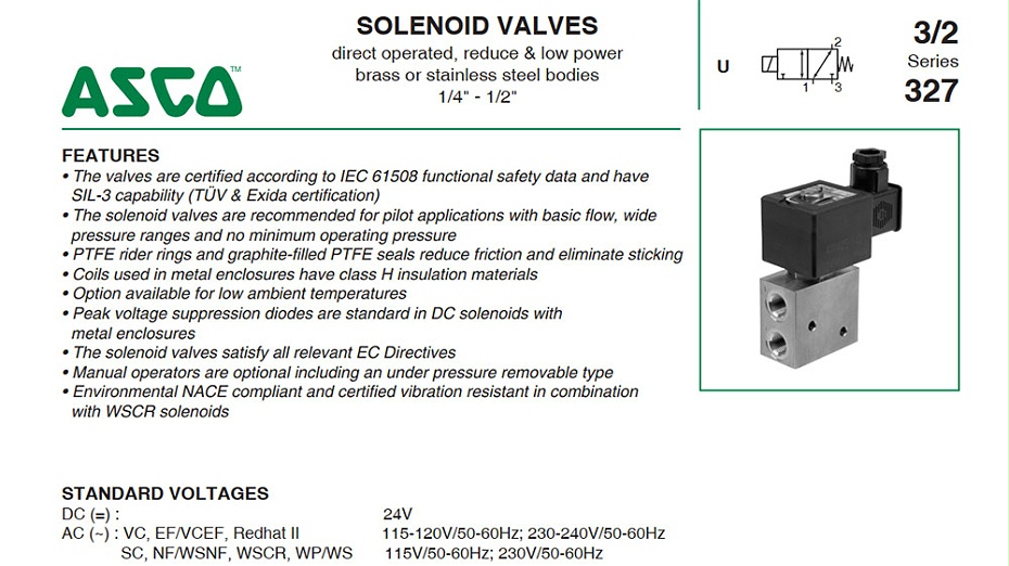 ASCO防爆二位三通电磁阀NFETG327B001型号选择依据