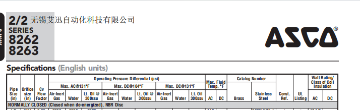 ASCO低温管道式电磁阀8262H208LT 